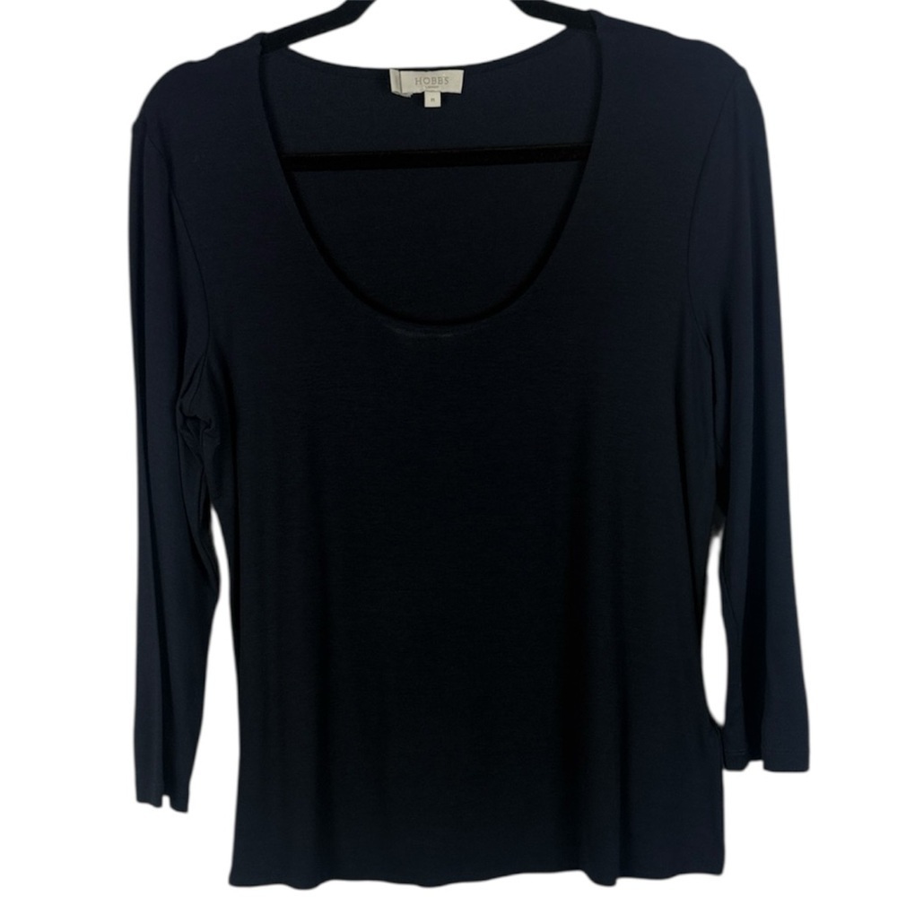 Hobbs London Elegant Navy 3/4 Sleeve Scoop Neckline Slim Fit Casual Med Blouse